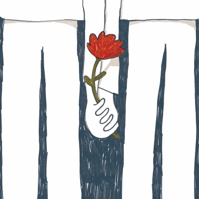 Ilustração de duas pessoas de calças brancas e sapatos pretos, uma segurando uma flor vermelha.