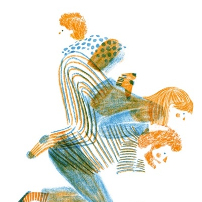 Ilustração estilizada de três pessoas em tons de azul, laranja e verde.