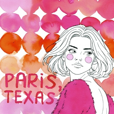 Ilustração de mulher com casaco rosa e fundo colorido com texto