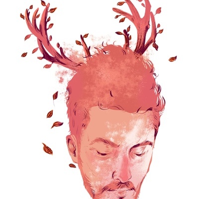 Ilustração de uma cabeça masculina rosa com galhos e folhas a crescer da cabeça