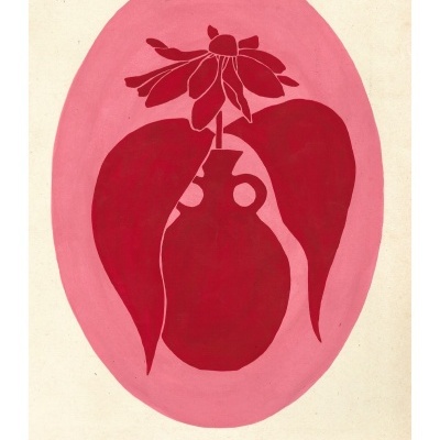 Pôster decorativo com vaso vermelho e flores, texto 'AUTUMN FLOWERS Rudbeckia'