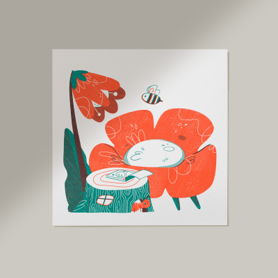 Ilustração colorida de flor vermelha, abelha e tronco de árvore