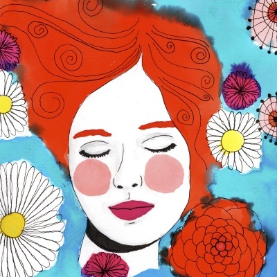 Desenho artístico de mulher ruiva com flores coloridas ao redor