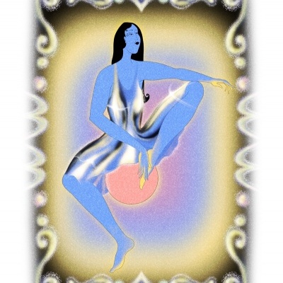 Ilustração estilizada de mulher azul em vestido prateado com fundo decorativo pastel