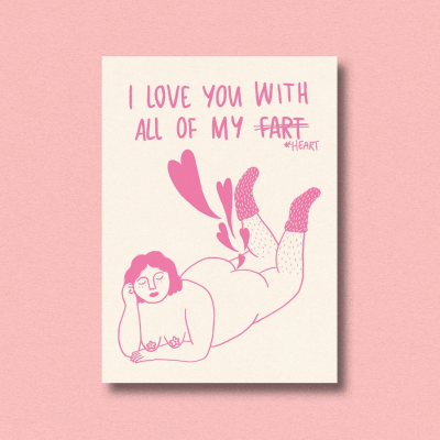 Cartão ilustrado com texto amoroso humorístico em fundo rosa
