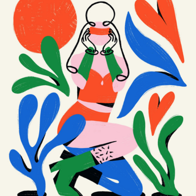 Ilustração colorida de figura humana estilizada com formas abstratas coloridas