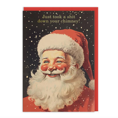 Cartão de Natal com Pai Natal sorridente e texto humorístico