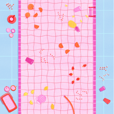 Tapete rosa com padronagem vermelha sobre fundo azul com decorações coloridas ao redor