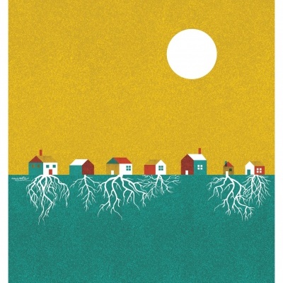 Ilustração de casas com raízes visíveis e uma lua no céu