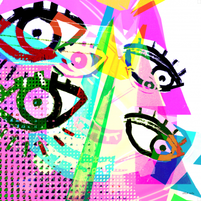 imagem abstrata com múltiplos olhos coloridos e padrões geométricos