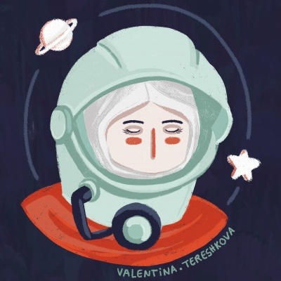 Ilustração de capacete espacial com rosto de astronauta e elementos espaciais