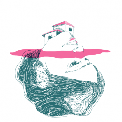 Desenho de cabeça com casa na testa em tons de verde e rosa