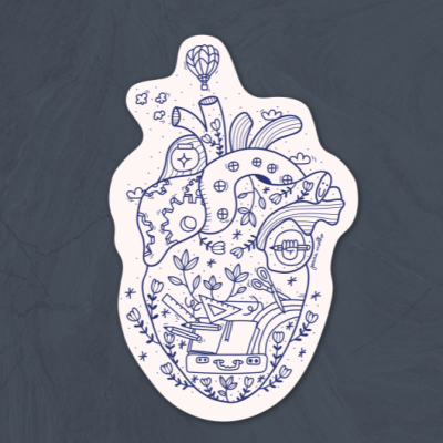 Adesivo com design estilizado de coração humano e desenhos em azul