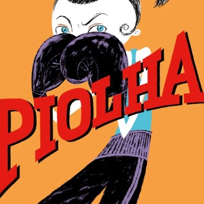 Capa do livro 'PIOLHA' com ilustração de criança a boxear e fundo laranja