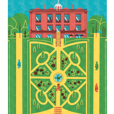Ilustração de jardim botânico com edifício vermelho, caminhos amarelos e texto Jardim Botânico do Porto