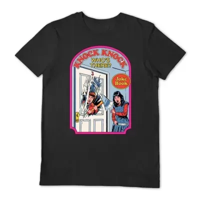T-shirt preta com estampa estilo banda desenhada e texto 'KNOCK KNOCK WHO'S THERE?'
