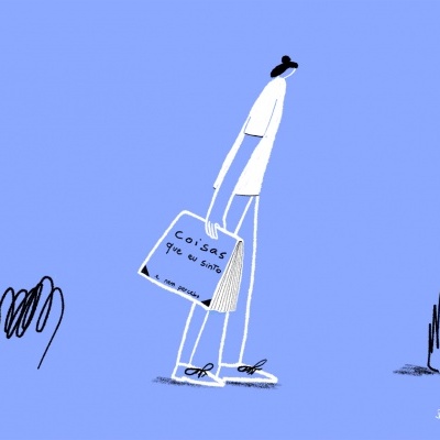 Ilustração de figura humana com saco azul e texto 'Coisas que eu sinto' em fundo azul claro