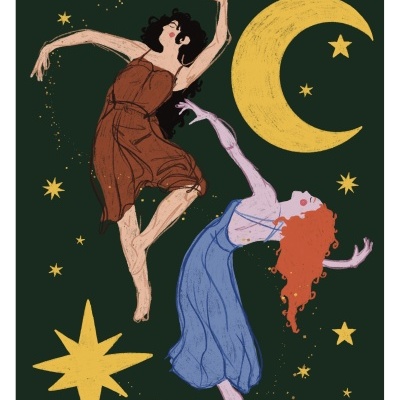 Ilustração de duas mulheres a dançar com estrelas e lua amarelas num fundo verde-escuro