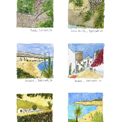 Seis pinturas de paisagens portuguesas com texto de localização e ano