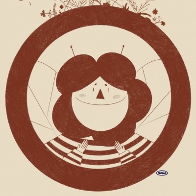 Ilustração de personagem estilizada com antenas de abelha, círculo ao redor e texto BEE MINE.