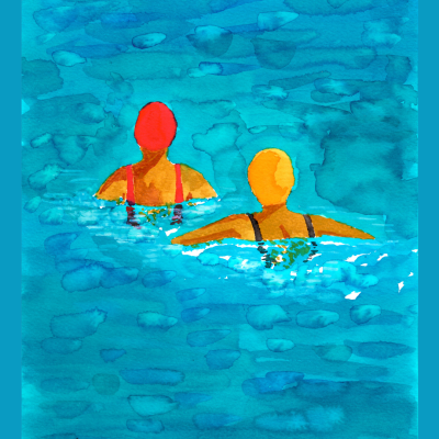 Pintura em aguarela de duas pessoas nadando com toucas e fatos de banho coloridos