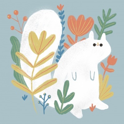 Ilustração de esquilo branco com flores e folhas coloridas num fundo azul.