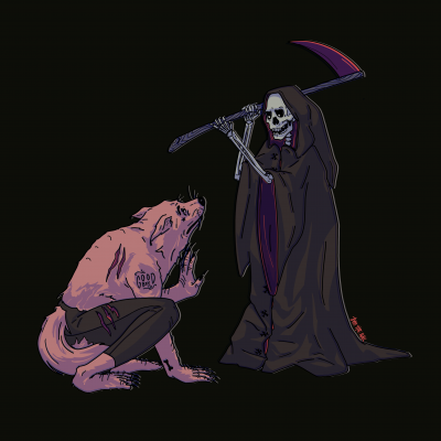Ilustração com lobo-humano rosado e a Morte com capa preta e foice roxa