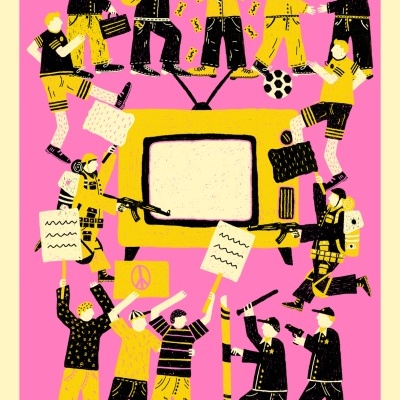 Ilustração com pessoas em protesto à volta de uma televisão antiga sobre fundo rosa.