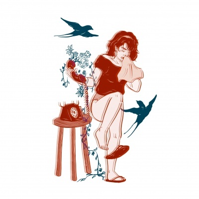 Mulher com telefone antigo vermelho sentada em cadeira de madeira com flores e dois pássaros voando