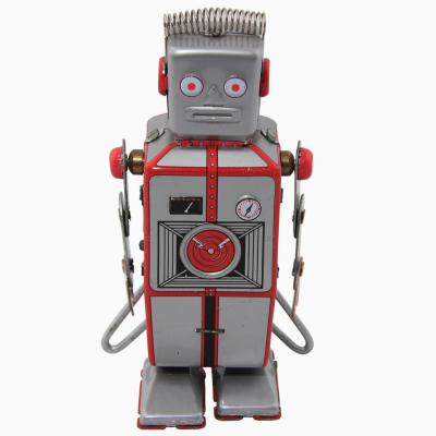 Robô de brinquedo metálico cinza e vermelho com olhos vermelhos