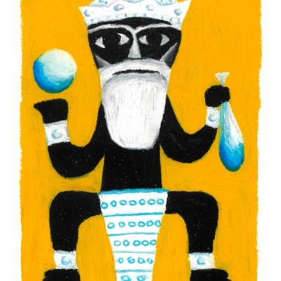 Ilustração estilizada de figura humana preta e branca contra fundo amarelo