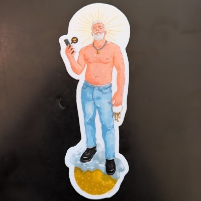 Autocolante de homem grisalho sem camisa com jeans e barbeador elétrico