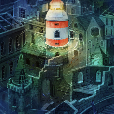 Farol vermelho e branco dentro de ruínas de pedra numa cena noturna