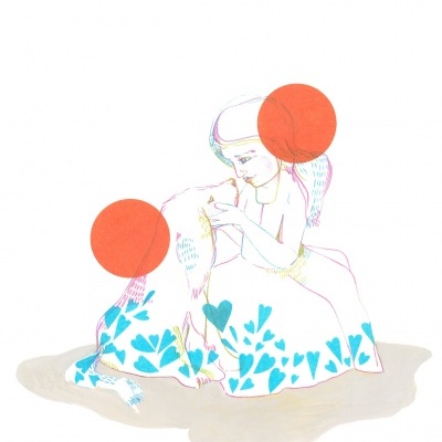 Desenho estilizado de menina e cão com círculos laranja nas cabeças e vestido branco com padrão azul