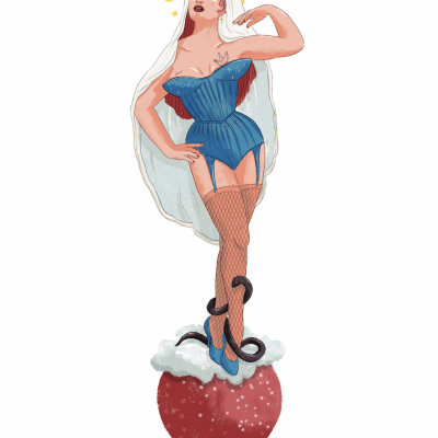 Mulher em corpete azul e véu branco sobre esfera vermelha com estrelas