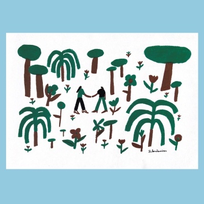 Ilustração de árvores e duas pessoas a andar de mãos dadas