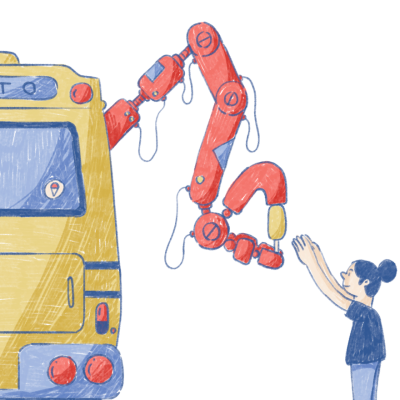 Veículo amarelo com braço robótico vermelho e criança de braços estendidos