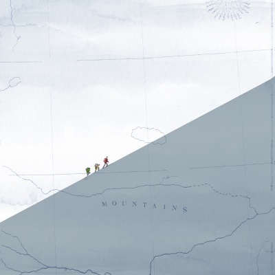 Mapa topográfico azul com escaladores em encosta inclinada e palavra MOUNTAINS