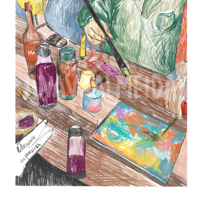 Mão pintando com pincel entre frascos de tinta colorida e tela colorida sobre mesa de madeira