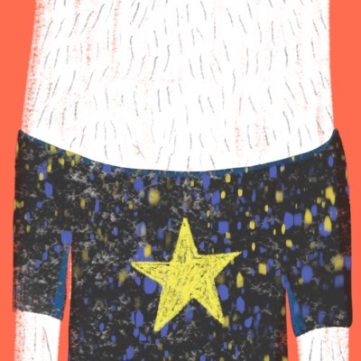 Ilustração de urso branco com fato preto e estrela amarela