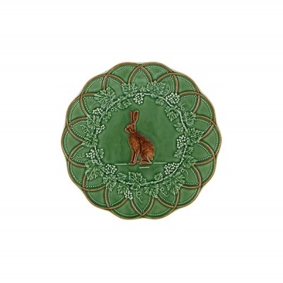 Prato decorativo verde com coelho em relevo no centro