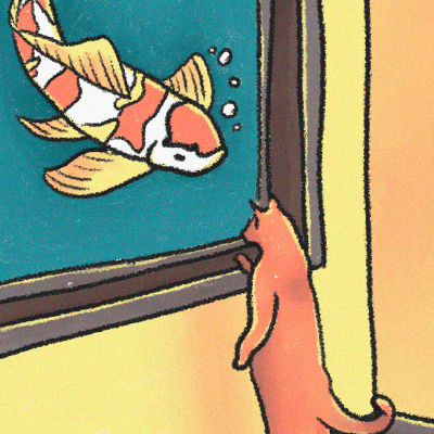 Ilustração de um peixe koi e um gato ao lado de um aquário