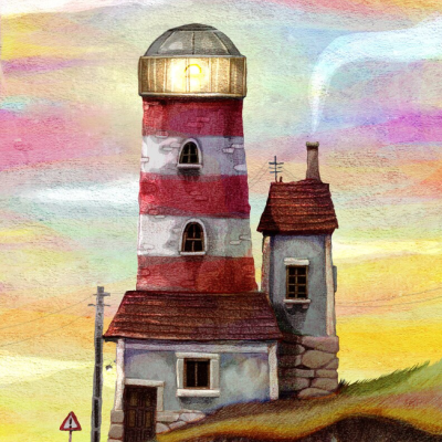 Desenho de farol vermelho e branco junto a casa de pedra numa colina verde