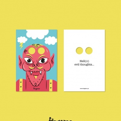 Dois cartões coloridos com ilustração de rosto vermelho e texto 'Hell(o) evil thoughts...' com fundo amarelo