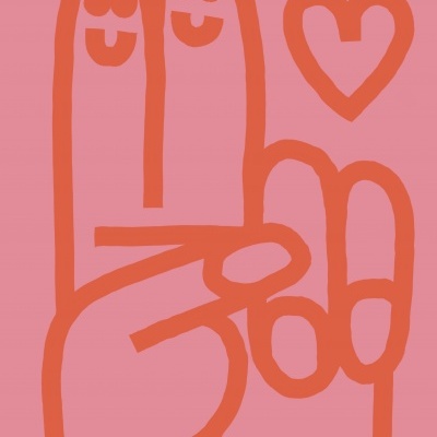 Ilustração mão cor-de-rosa dedos sorridentes coração desenho