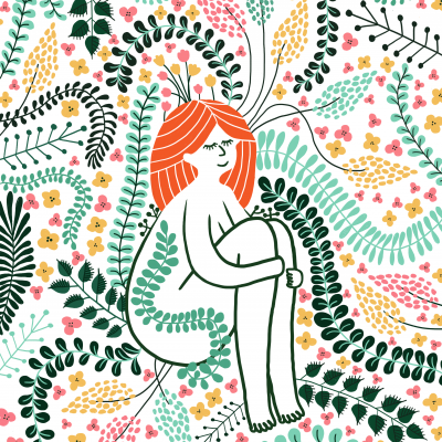 Ilustração de uma mulher com cabelo laranja sentada rodeada por folhas e flores coloridas.
