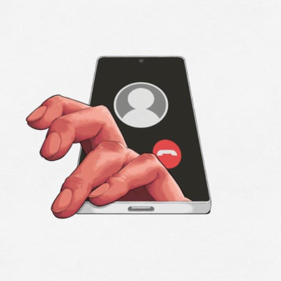 Smartphone branco com ícone de contacto e botão vermelho e mão vermelha surreal a sair do ecrã