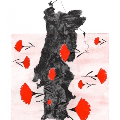 Ilustração de um homem a pescar num tronco escuro entre flores vermelhas sobre fundo rosa