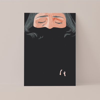 Cartaz preto com desenho de rosto com olhos fechados e duas pequenas mãos