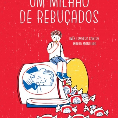 Capa de livro com desenho de frasco aberto e rebuçados e um menino a comer rebuçado